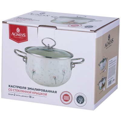943-056 Кастрюля AGNESS "DANDELION"  2,0л эмалированная со стеклянной крышкой